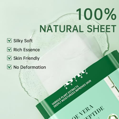 Pack of 10 Collagen Face Mask, Aloe Vera Polypeptide Collagen Facial Masks Skincare, Moisturizing Facial Sheet Mask for Acne, After Sun, Claming, Anti-Aging and Anti-Wrinkle