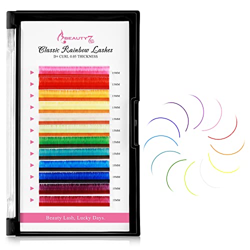 Beauty7 Colored Lash Extensions Rainbow Classic D+ Curl 0.05mm Thickness 15mm Dramatic Eyelashes Ombre 12 Colors