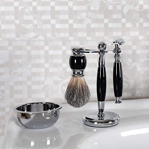 SANWA Deluxe Stainless Steel Shaving Brush Stand Holder for Razor & Brush - Extra Wide Openings, Weighted Base Black Handle