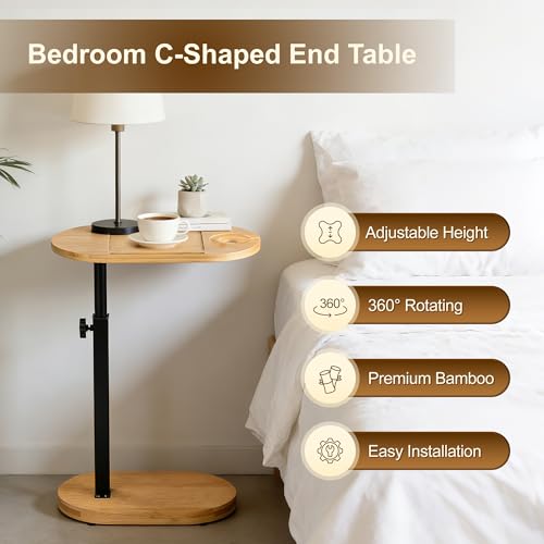 Bamboo Bathtub Side Table, 360¡Æ Swivel Height Adjustable Freestanding Bath Caddy Organizer with 5 Storage Sections, Luxury Home Spa Bathroom Essential (Natural)