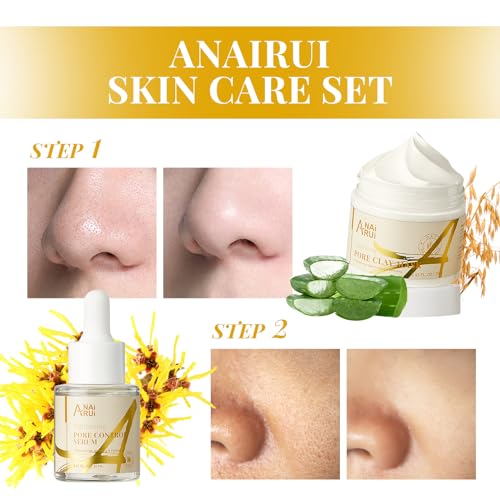 ANAI RUI 2 in-1 Pore SkinCare Set, Blackhead Remover Set, Pore Clay Mask+Pore Minimizing Serum,Clay Mask for Nose&Face, Pore Reducer, Sebum Control Pore Exfoliating Self Care Gifts for Women