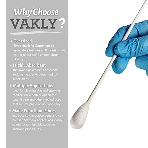 Vakly Large Oversized Swabs [Pack of 200] Extra-long 8" Cotton Tipped Applicators with Extra Large 1/2" Diameter Swab - Non-sterile ? Long Plastic Shaft