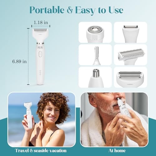 PELCAS Bikini Trimmer for Women Kit 6 in 1 Electric Shaver, Cordless Razors, Nose Hair Trimmer, Shaver for Women & Men Pubic Hair, Private Area, Legs, Face, Nose, Eyebrow, Body Hair Removal