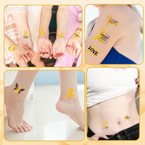 WANDIC 30 Sheets Childhood Cancer Awareness Temporary Tattoos, Gold Ribbon Awareness Tattoo Sticker Cancer Survivor Decals for Charity Decoration