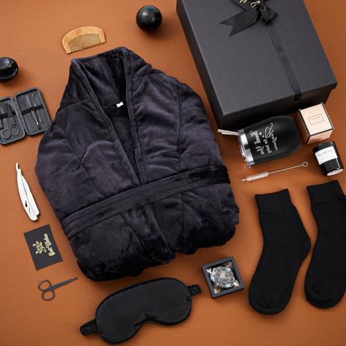 Nuogo 15 Pcs Birthday Gifts for Men Beard Care Set for Him Father's Day Gifts Basket Ideas Kit for Men Tumbler Bath Robe for Dad Husband Boyfriend Box(Black)