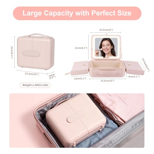 BEAUTY CASE Makeup Case with LED Light & Magnetic Mirror, 12 Inch Portable Travel Cosmetic Organizer Bag with 3 Partitions, Rechargeable, Large Capacity, Bright Lighting, Gift for Women Girls, Pink