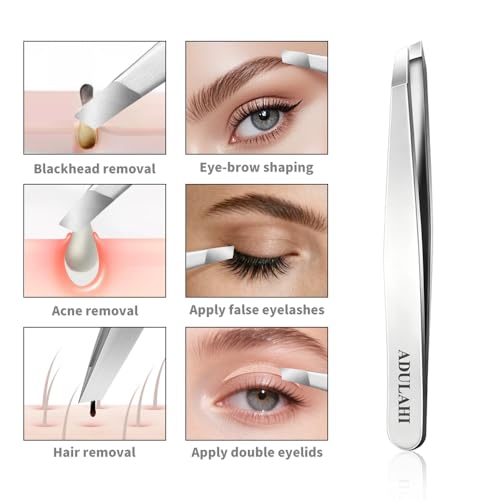 Professional Slant Tweezers for Eyebrows & Facial Hair - Precise Aligned Stainless Steel Remover with Storage Case