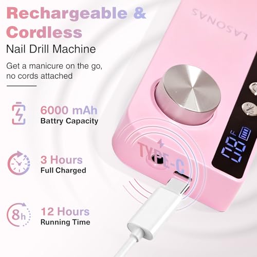 Electric Nail Drill Machine Professional, 35000 RPM Cordless Nail File, Portable Rechargeable Nail Drill and Bits for Acrylic Gel Nails Polishing Removing