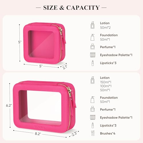 Clear Makeup Bag, Travel Toiletry Bag Cosmetic Case for Women, Waterproof Portable Make Up Skincare Pouch with Zipper, Compact Car Organizer Bag for Essentials, Medium Size, Hot Pink