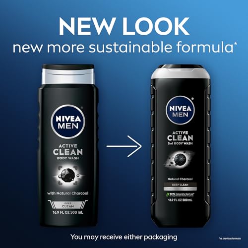 NIVEA MEN Active Clean Body Wash with Natural Charcoal for Normal to Oily Skin, 3-in-1 Charcoal Body Wash, Face and Hair, Draws Out Dirt and Impurities, 16.9 Fl Oz Bottle