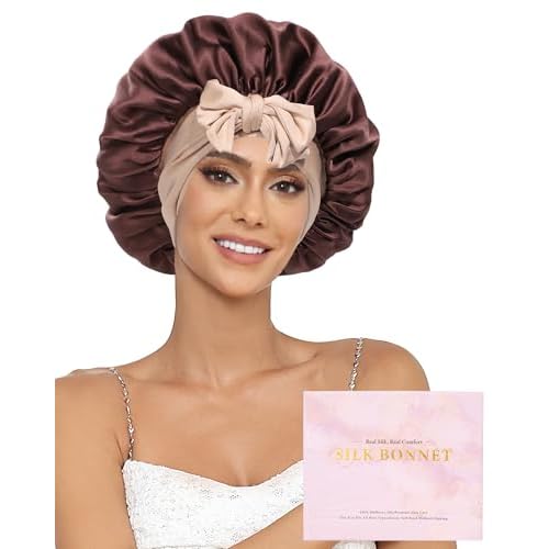 100% Mulberry Silk Bonnet for Sleeping Women Double Layer Silk Hair Bonnet Natural Silk Sleep Cap with Elastic Reversible Hair Wrap (Coffee + Champagne)