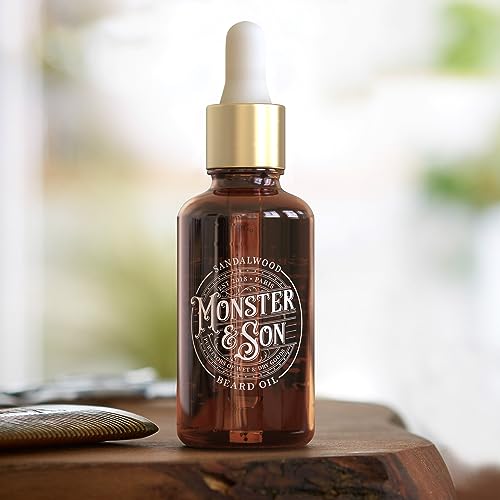 Monster&Son Sandalwood with Frankincense Raw Cold Pressed Organic Beard Oil 1.7oz - Helps to Hydrate, Style and Promote New Hair Growth - Rich in Vitamins & Minerals - Jojoba, Argan & Meadowfoam Oils