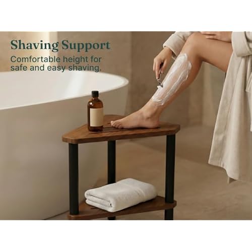 Corner Teak Shower Stool for Shaving Legs with Black Pine Wood Legs ? Small Teak Shower Seat for Inside Shower, Corner Seat, Bath Stool with Pumice Stone & Gua Sha, Multi-Use Side Table, Corner Shelf