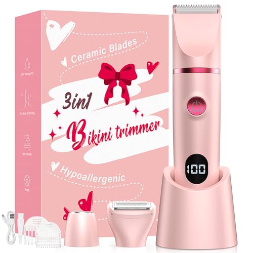Bikini Trimmer for Women, 3-in-1 Electric Razors for Women, IPX7 Waterproof Rechargeable Cordless Pubic Hair Shaver, with LED Display, for Ladies Bikini Pubic, Face, Underarms, Legs(Pink)