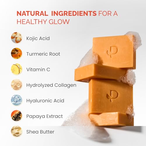 PLANTIFIQUE Kojic Acid Soap for Hyperpigmentation 4 Bars with Mesh Bag - Turmenic Soap with Hyaluronic Acid, Collagen, Vitamin C for Dark Spots - Vegan Skincare, 320g / 11.28 oz