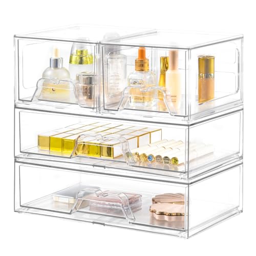 4 Pack Stackable Storage Drawers Clear Acrylic Organizer Bathroom Makeup Organizer and Storage for Beauty Supplies,Ideal for Vanity, Bathroom,Cabinet,Pantry Organization