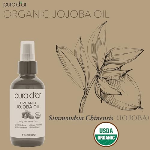 PURA D'OR 4 Oz Organic Jojoba Oil - USDA Certified - 100% Pure & Natural Moisturizer - Cold Pressed, Unrefined, Hexane Free Base Carrier Oil For DIY Skin Care, Hair, Face & Nails