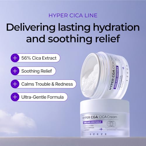 IZEZE Hyper CGA Cica Cream 1.69 fl.oz, 50 ml | Centella Asiatica for Calming, Korean Skincare Cream for Soothing, Acne Prone Skin, Low Irritation for Sensitive Skin, Skincare Coreano