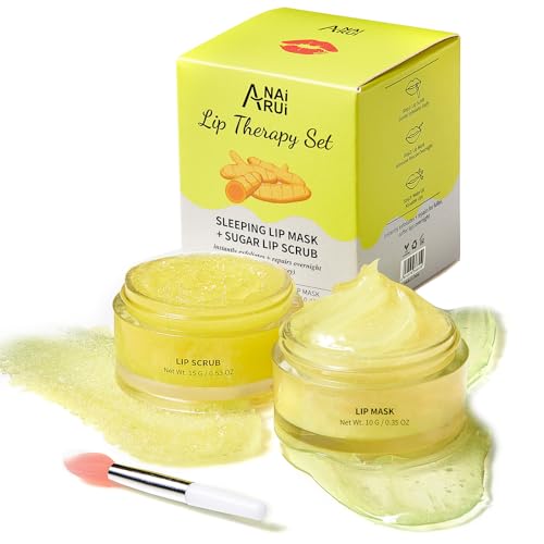 ANAI RUI Lip Care Kit, Lip Sugar Scrub Set, Lip Sleeping Mask & Lip Exfoliator Scrub, Overnight Lip Treatment, Lip Scrub For Dark Lips & Moisturizer for Dry, Chapped, Cracked, Lips, Turmeric