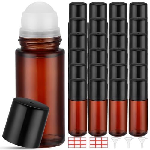 Sumind 24 Essential Oil Roller Bottles Glass Deodorant Bottle Roller Ball Container Empty Refillable Rollerball Bottle with Plastic Balls, Funnel and Sticker (50 ml,Brown)