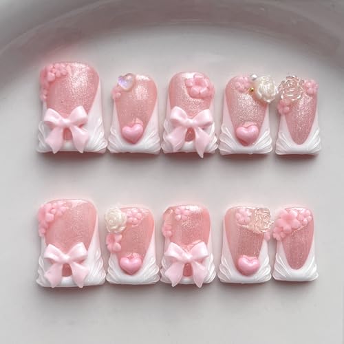 French Tip Press on Nails Handmade Short Duck 3D Floral Thick Acrylic Nails Cute False Nails with Bow Rose Flower Designs White Glossy Fake Nail Sturdy Art Press on Nail 10Pcs(M)