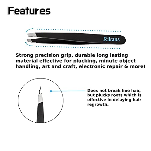 Rikans Precision Tweezers Set ? Pack of 4 Black Professional Tweezers ? Handy Carry Pouch ? Superior Stainless Steel Tweezer Set ? Splinters, Eyebrows, Facial or Ingrown Hair ? Blackheads Remover