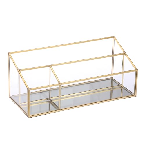 Hipiwe Makeup Organizer Countertop Cosmetic Display Case Gold Glass Vanity Storage Holder 3 Slots Dresser Bathroom Counter Organizer for Makeup Brush Lipsticks Perfume Skincare Products