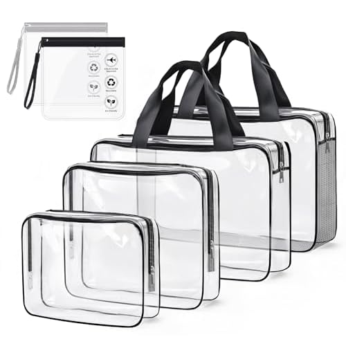 ABSOFINE Clear Toiletry Bag for Travel Size Toiletries, 4 Pack Large Waterproof PVC Makeup Bags with 2 Pack Airport Security Liquids Bags, Travel Essentials toiletry Bottles for Women Girls Men