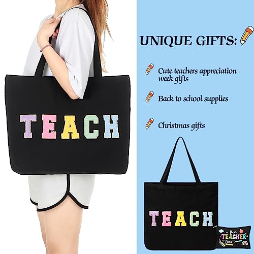 Silkfly 2 Pcs Teacher Appreciation Gifts Teacher Tote Bags Set Pouch Cosmetic Bag for Women Retirement Chenille Letter Patches Work Bag with Zipper Pocket Makeup