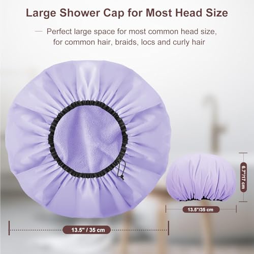 2 Pcs 13.5" Dual Waterproof Design Adjustable Terry Shower Cap for Women and Men, EVA Double Layer Bath Cap Reusable for Braids, Long Hair, Dreadlocks
