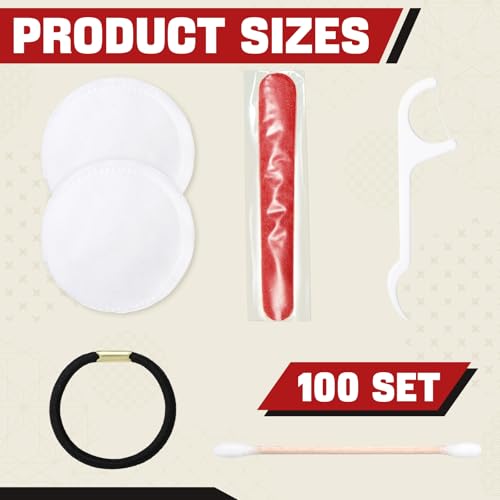 Tondiamo 100 Set Hotel Vanity Kit Individually Wrapped Travel Size Hotel Hospitality Kit Include Disposable Cotton Pads, Cotton Swabs, Hair Tie, Nail File, Dental Floss for Motels Toiletries