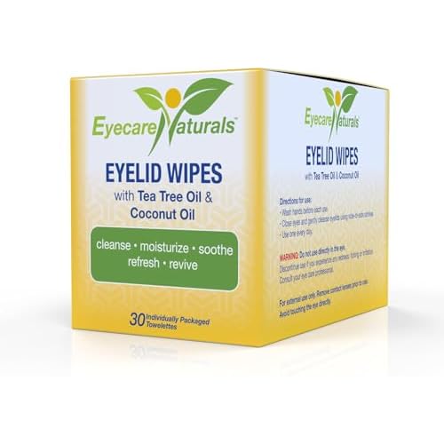 Tea Tree Oil Eyelid Wipes with Coconut Oil - Dry Eye Wipes No Rinse, Natural Essential Oil Cleansing Eye Wipes - Daily Eyelid Makeup Remover - Box of 30 Individually Wrapped Wipes