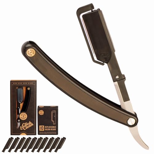 Patented Straight Edge Razors for Men, Close Shaving Razor for Beard with 10+1 Disposable Blade Heads, Easy to Use and Replace Single Edge Razor Blades, Professional and Home Use (Black)