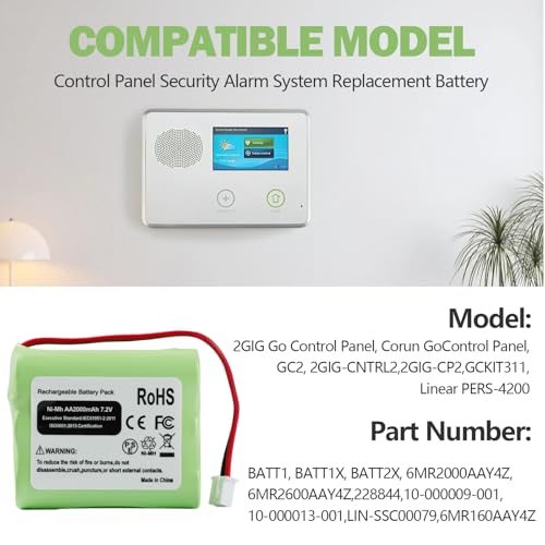 Replacement Battery for 2Gig BATT1, BATT1X, BATT2X, 6MR2000AAY4Z, GC2 2GIG-CNTRL2 2GIG-CP2, GCKIT311, Go Control Panel Alarm System 10-000013-001, PERS-4200 Ni-MH [7.2V, 2000mAh]