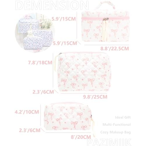 3PCS Makeup Bag SET Large Travel Quilted Zipper Soft Cosmetic Case Pouch for Women Girls Make Up,Bow Pink