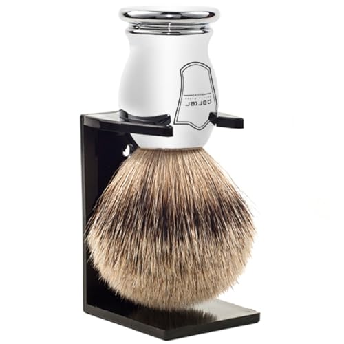 Parker 100% SILVERTIP Badger Shaving Brush ? Chrome Handle & Stand ? Premium 3-Band Badger Bristles for Smooth, Luxurious Lather