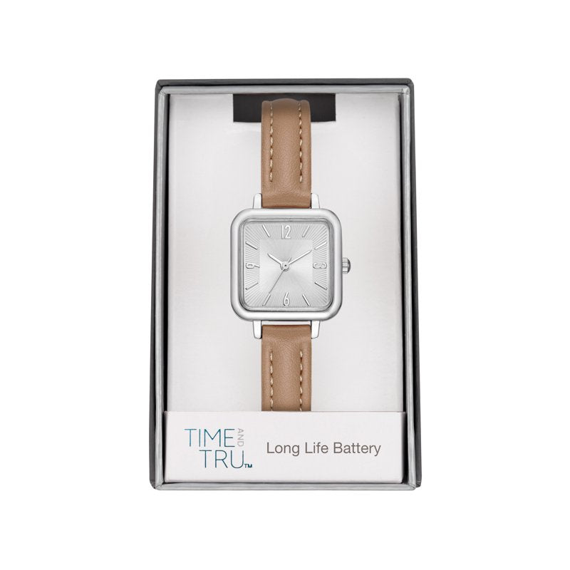Women's Leather Strap Wristwatch with Silver Dial and Modern Square Design