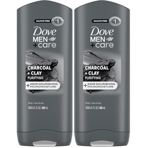 DOVE MEN + CARE Purifying Charcoal + Clay Body and Face Wash with 24-Hour Nourishing Micromoisture Technology Body Wash for Men, 13.5 oz (Pack of 2)