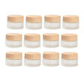 12 Packs 1 Oz Empty Jars 30ml Round Frosted Glass Cream Jar Bottles Holder with Wood Grain Lids Refillable Case Vial Pot Cosmetic Container Glass Bottles for Lotion Face Lip Balm Eye Cream