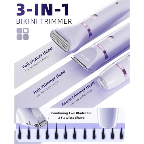 Ufree Bikini Trimmer Electric Razors for Women, Rechargeable Pubic Body Hair Trimmer Electric Shaver for Legs Body Hair, Bikini Shaver IPX7 Waterproof, Gifts for Women, Purple