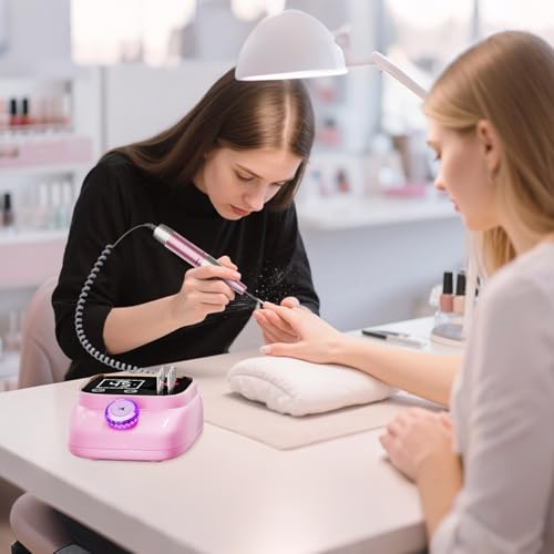 Electric Nail Drill 45000 RPM, Professional Rechargeable Nail File Kit, Nail Drill Machine, Nail Grinder, Acrylic Nail Kit for Any Manicure, Pedicure, Gel Polishing Removing, Pink