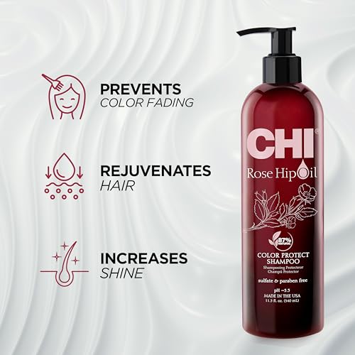 CHI Rosehip Oil Protecting Shampoo, Gently Cleanses Color-Treated Hair & Helps Retain Color, Sulfate, Paraben, & Cruelty-Free, 11.5 Oz
