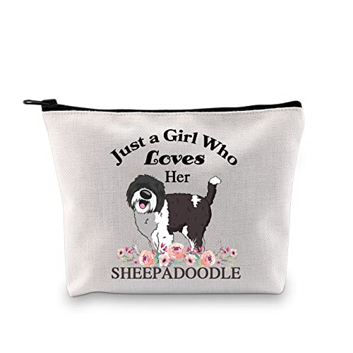 PXTIDY Sheepadoodle Dog Lover Gift Just a Who Loves Her Sheepadoodle Dog Mom Makeup Pouch Doodle Owner Zipper Cosmetic Bag (beige)