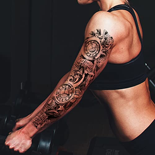 6 Sheets Large Flower Temporary Tattoo Sleeves for Women, Realistic Clock and Rose Design, Fake Sleeve Tattoos for Cosplay, Halloween, and Festivals