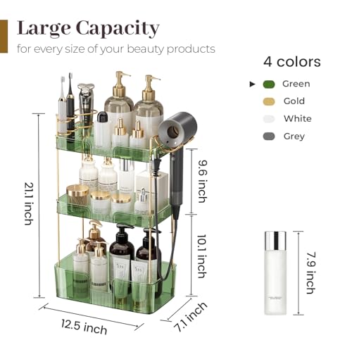 Aveniee Bathroom Counter Organizer,3 Tier Skincare Perfume Countertop Storage with Hair Dryer Rack and Toothbrush Holder, Cosmetic Makeup Tray for Vanity - Green