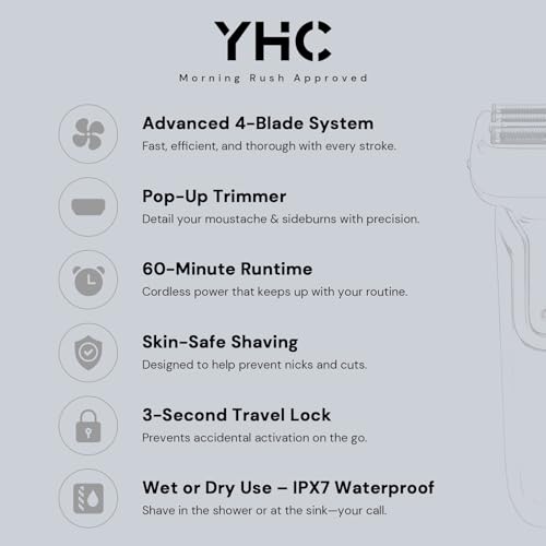 YHC Electric Razor for Men - 4-Blade Electric Foil Shaver with Pop-Up Trimmer, Waterproof, Wet & Dry Use, Cordless & Rechargeable