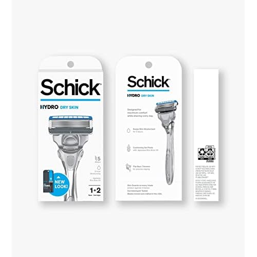Schick, Hydro Dry Skin Men's 5-Blade Razor Handle + 2 Refill Razor Blades Kit, 1 Count