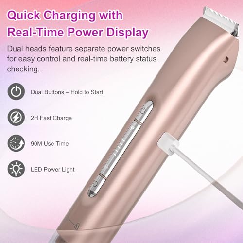 Bikini Trimmer for Women 2-in-1, Dual-Head Electric Razors for Women, IPX7 Waterproof Pubic Hair Trimmer, Facial & Body Electric Shaver, USB Rechargeable, LED Display, Rose Gold