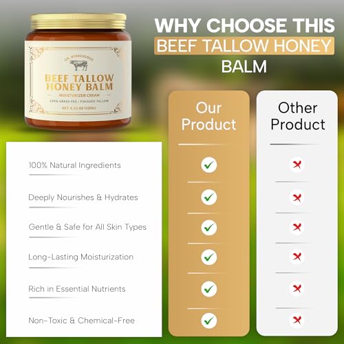 100% Grass-Fed Whipped Beef Tallow and Honey Balm for Skin, Moisturizer for Face & Body with Organic Beeswax & Organic Honey Balm, All Natural Formula, 4.23OZ (120G)