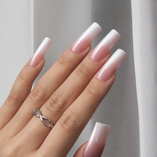 btartboxnails Pink Long Square Ombre Nails XCOATTIPS and Nail Gel Glue, Builder Gel, Top Coat Set